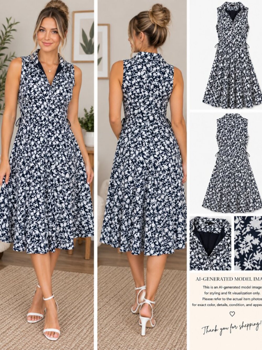 Banana Republic Navy Blue White Floral Sleeveless Fit and Flare Dress Size 6 - Picture 16 of 16